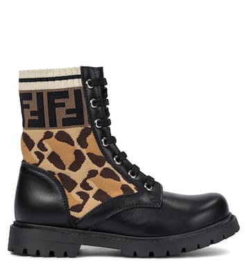 FF leopard-jacquard and leather ankle boots | Fendi Kids