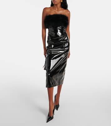 Feather-trimmed faux leather midi dress | Blumarine