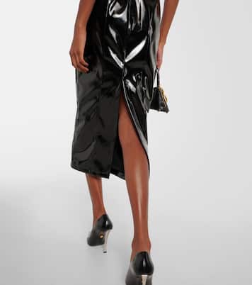 Feather-trimmed faux leather midi dress | Blumarine