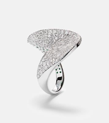 Anello in oro bianco 18kt con diamanti e smeraldi | Kamyen