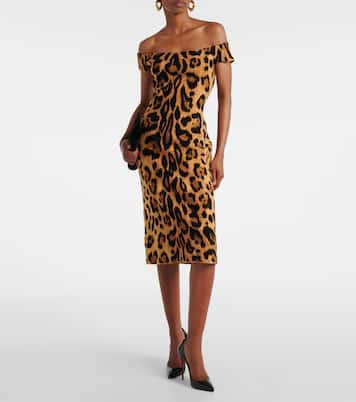 Leopard-print off-shoulder midi dress | Oscar de la Renta