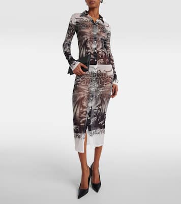 Bedrucktes Hemdblusenkleid aus Mesh | Jean Paul Gaultier