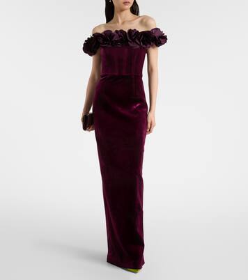 Abito lungo off-shoulder Charles in velluto | Rebecca Vallance