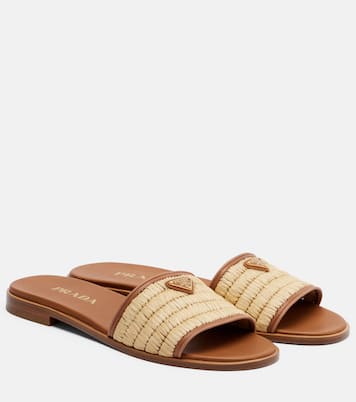 Leather-trimmed raffia sandals | Prada