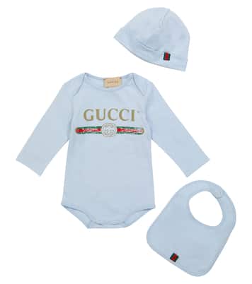 Baby logo cotton bodysuit, hat and bib set | Gucci Kids
