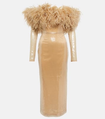 Feather-trimmed sequined midi dress | David Koma