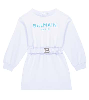Abito felpa in cotone con cintura e logo | Balmain Kids