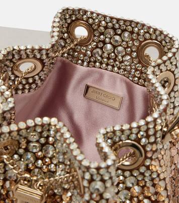 Bon Bon Small crystal-embellished satin bucket bag | Jimmy Choo