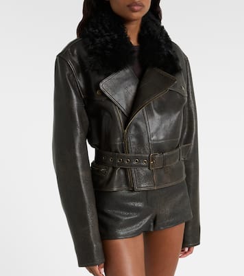 Shearling-trimmed cropped leather biker jacket | Alex Perry