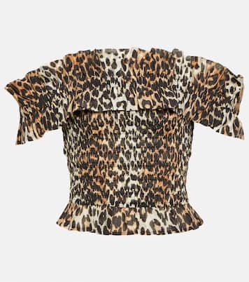 Leopard-print off-shoulder voile top | Ganni