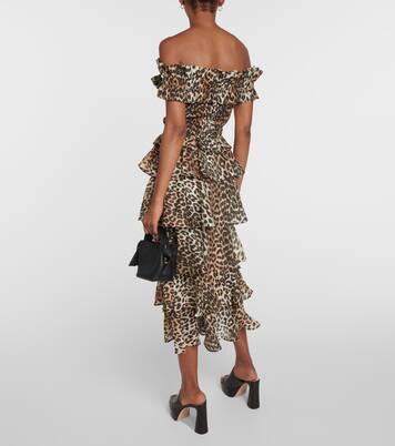 Leopard-print off-shoulder voile top | Ganni