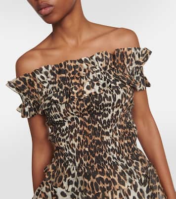 Leopard-print off-shoulder voile top | Ganni