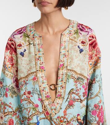Embellished printed ring-detail linen kaftan | Camilla