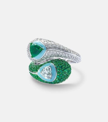 Anello Ying Yang in oro bianco 18kt e smalto con smeraldi e diamanti | Kamyen