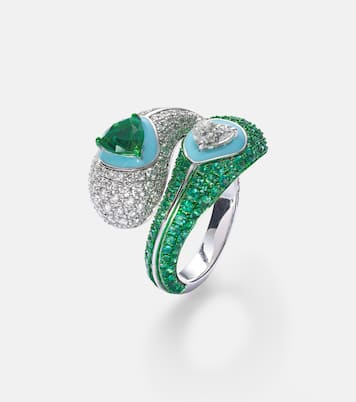 Anello Ying Yang in oro bianco 18kt e smalto con smeraldi e diamanti | Kamyen