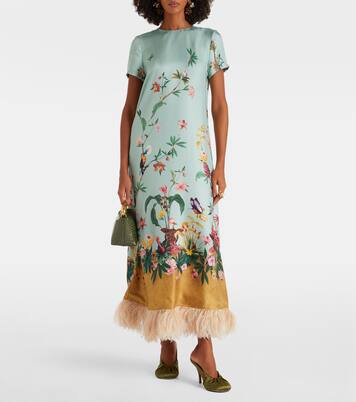 Swing feather-trimmed silk twill maxi dress | La DoubleJ