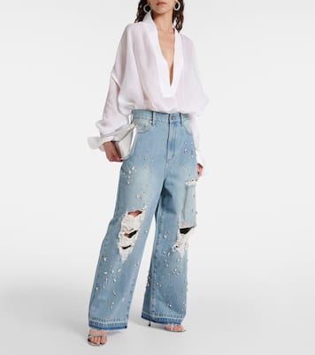 Jeans a gamba larga con cristalli | Xu Zhi
