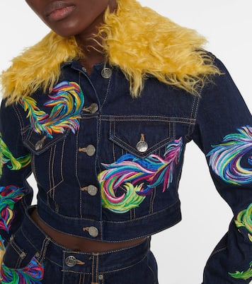 Mohair-trimmed cropped denim jacket | Area