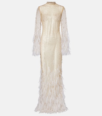 Mia embellished feather-trimmed tulle gown | Clio Peppiatt