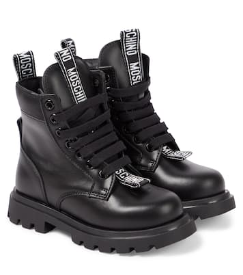 Logo leather combat boots in black Moschino Kids Mytheresa