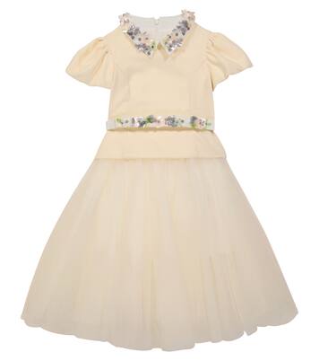 Cotton velvet-panel tulle dress | Monnalisa