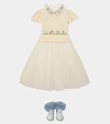 Cotton velvet-panel tulle dress | Monnalisa