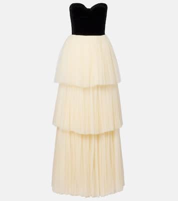 Plissé velvet-trimmed tulle gown | Costarellos