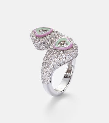 Anello Gemini Heart in oro bianco 18kt e smalto con diamanti | Kamyen