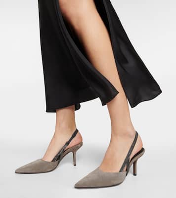 Embellished suede slingback mules | Brunello Cucinelli