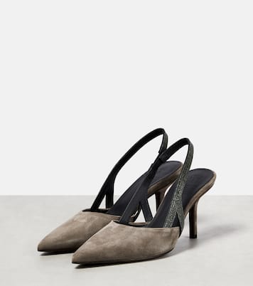 Embellished suede slingback mules | Brunello Cucinelli