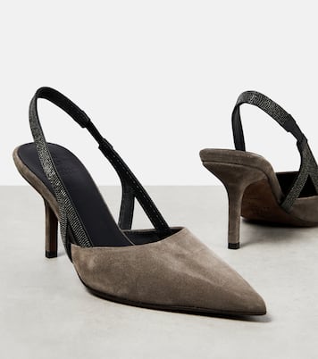Embellished suede slingback mules | Brunello Cucinelli