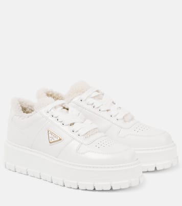 Shearling-lined platform leather sneakers | Prada