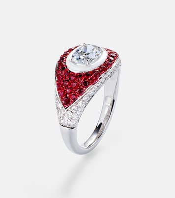 18kt white gold pinky ring with diamonds and rubies | Kamyen