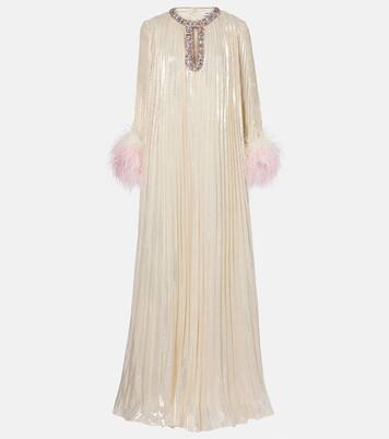 Embellished feather-trimmed silk-blend maxi dress | Self-Portrait