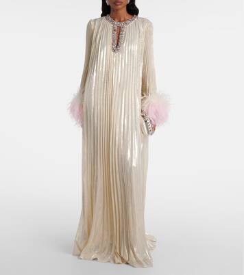 Embellished feather-trimmed silk-blend maxi dress | Self-Portrait