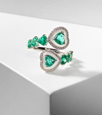 Bague Heart en or blanc 18 ct, émeraudes et diamants | Kamyen