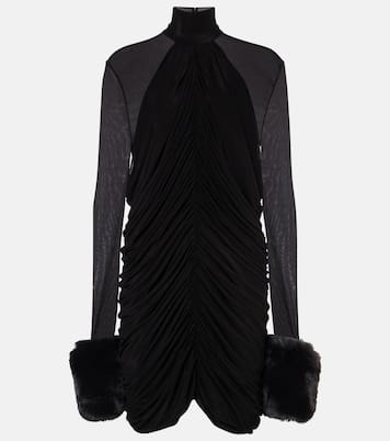Gathered faux fur-trimmed mesh minidress | Magda Butrym
