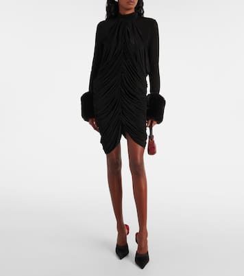 Gathered faux fur-trimmed mesh minidress | Magda Butrym