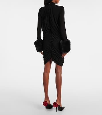 Gathered faux fur-trimmed mesh minidress | Magda Butrym