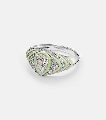 Anello per mignolo in oro bianco 18kt e smalto con diamanti  | Kamyen