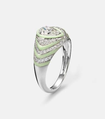 Anello per mignolo in oro bianco 18kt e smalto con diamanti  | Kamyen