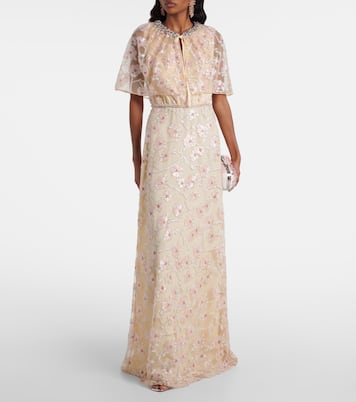 فستان طويل بكيب مع تزيين بطبعات الورود | Self-Portrait