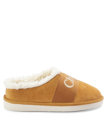 Slippers in suede e pile con logo | Chloé Kids