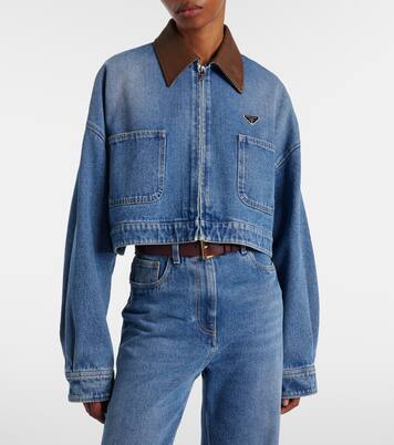 Giacca di jeans cropped con pelle | Prada
