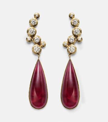 Floating Nesting Gem 18kt gold drop earrings with diamonds and rubellites | Octavia Elizabeth