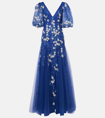 Abito lungo in tulle con applicazioni floreali | Costarellos