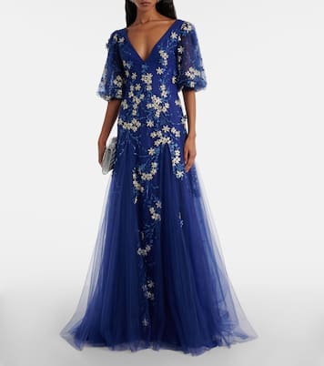 Abito lungo in tulle con applicazioni floreali | Costarellos