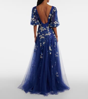 Abito lungo in tulle con applicazioni floreali | Costarellos