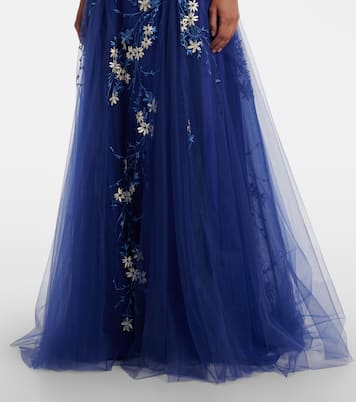 Abito lungo in tulle con applicazioni floreali | Costarellos