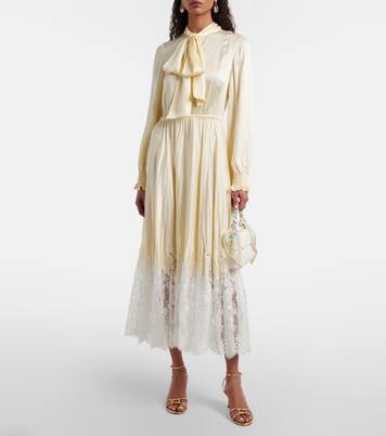 Lace-trimmed satin midi dress | Self-Portrait